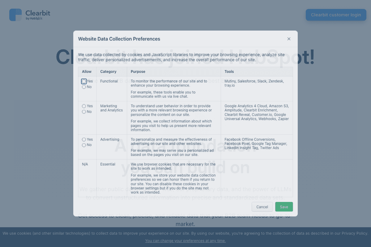 Clearbit homepage interface screenshot