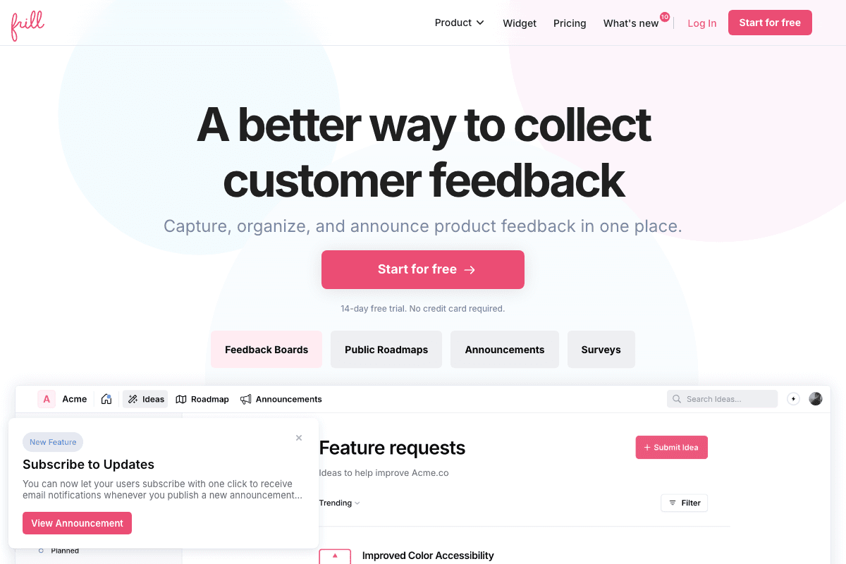 Frill homepage interface screenshot