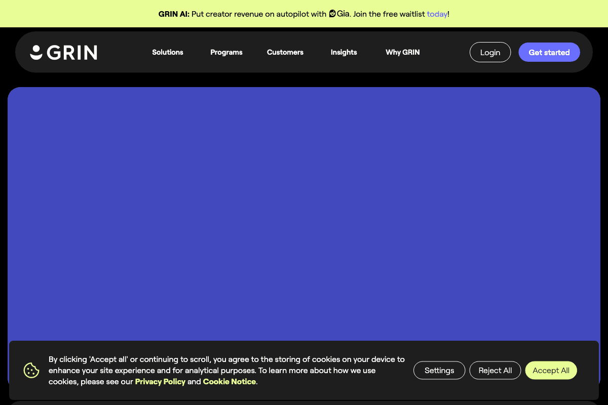 Grin homepage interface screenshot