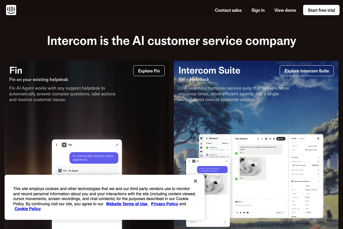 Intercom homepage interface screenshot