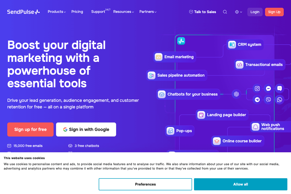SendPulse homepage interface screenshot