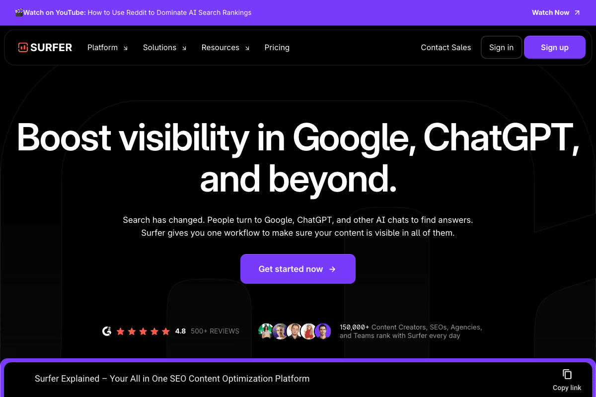 Surfer homepage interface screenshot