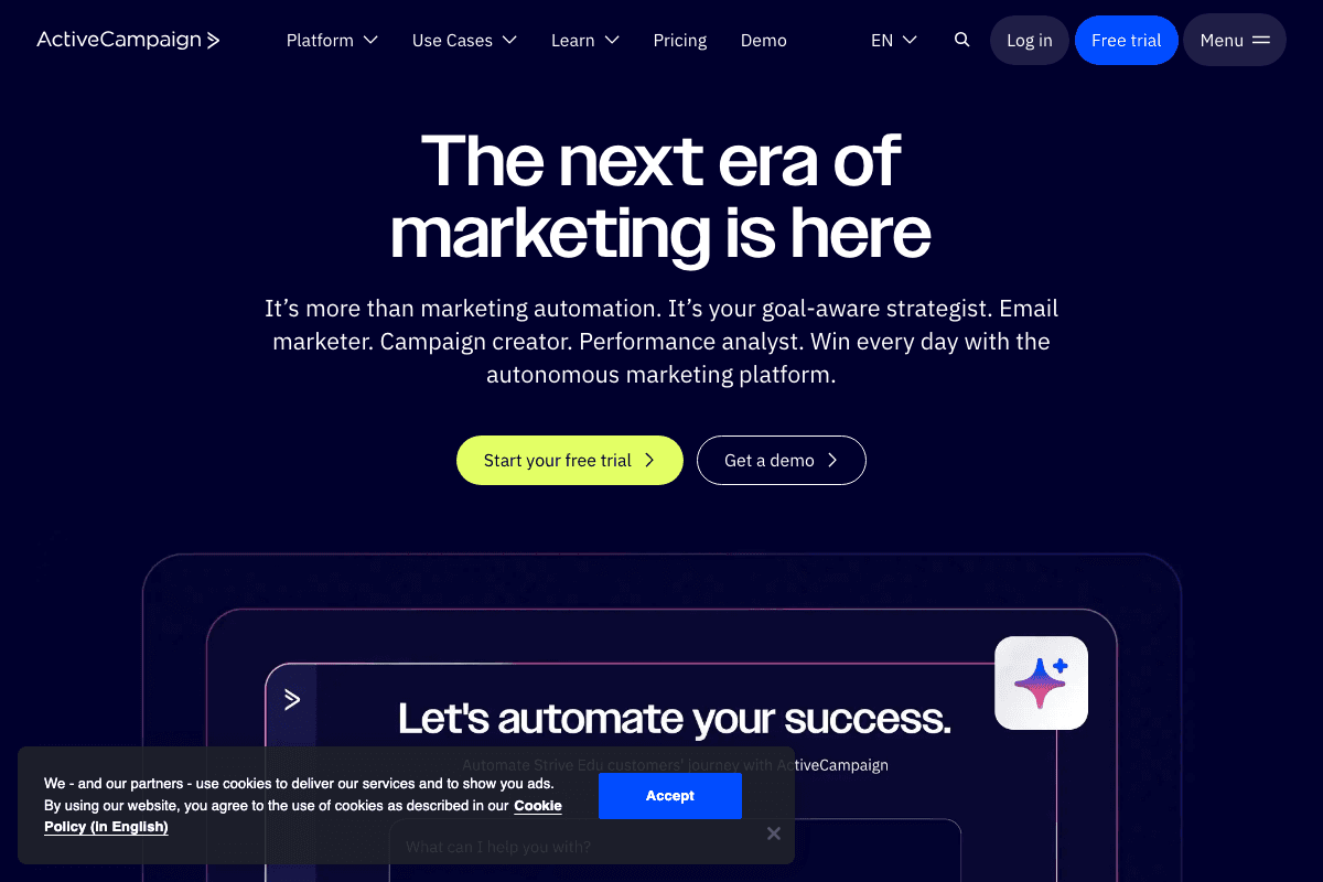 Active Campaign homepage interface and features - marketing tool review