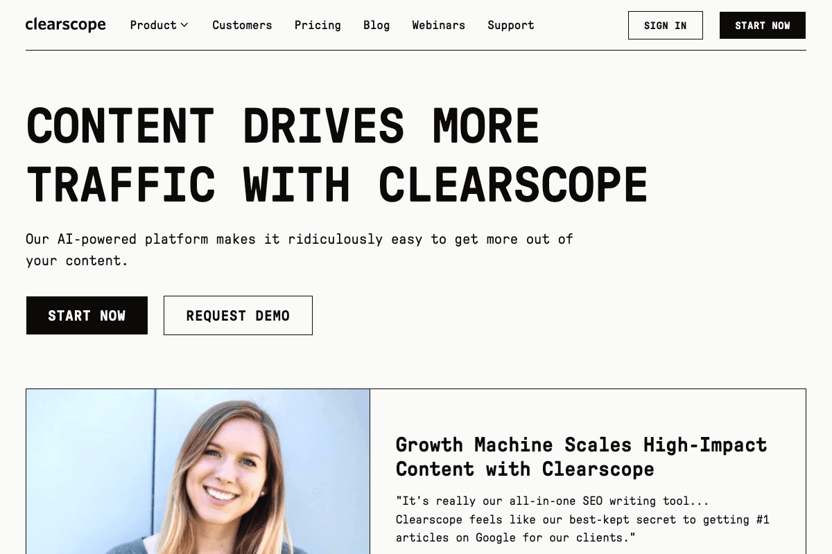 Clearscope homepage interface and features - marketing tool review