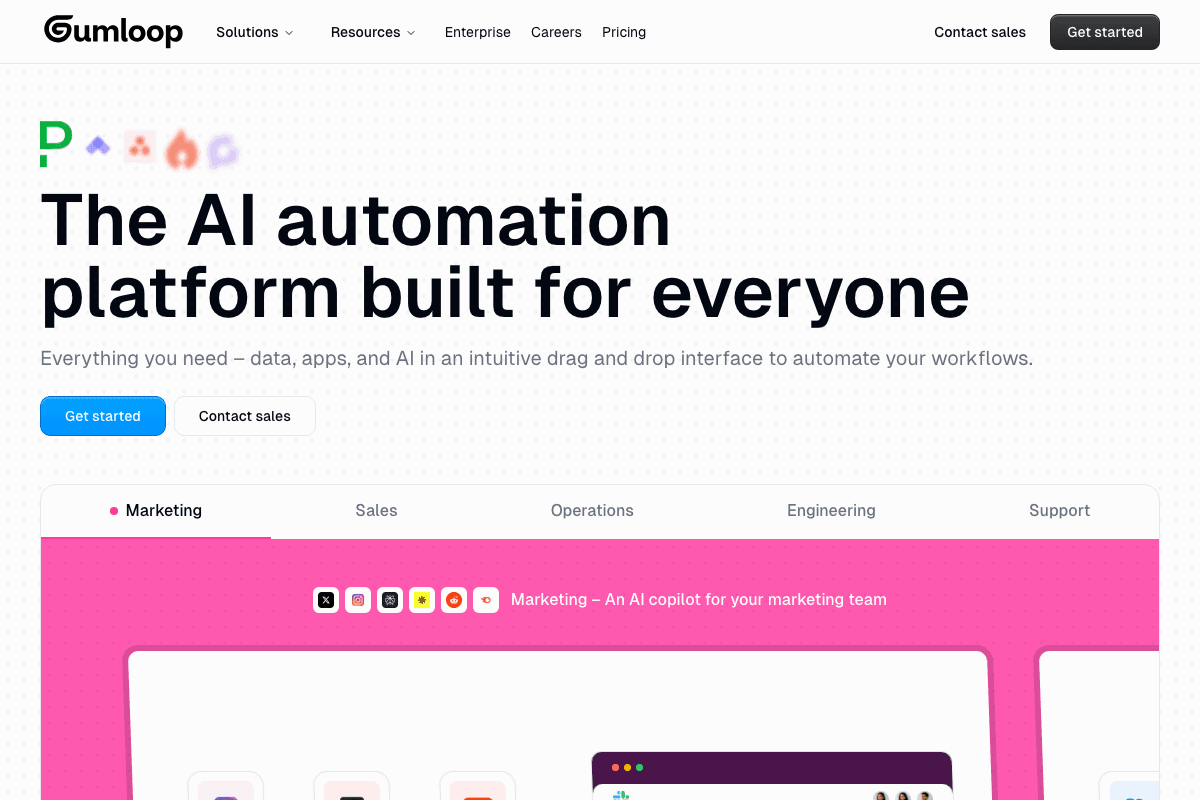 Gumloop homepage interface and features - marketing tool review