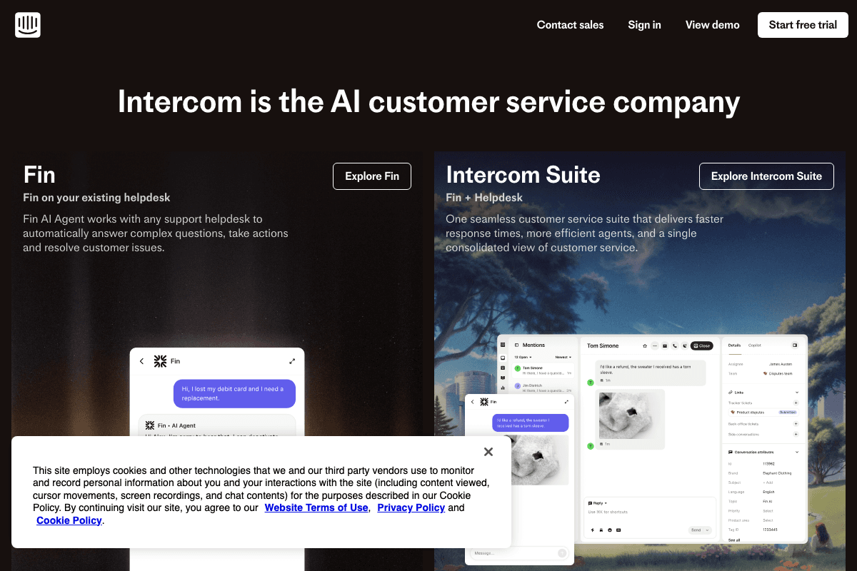 Intercom homepage interface screenshot