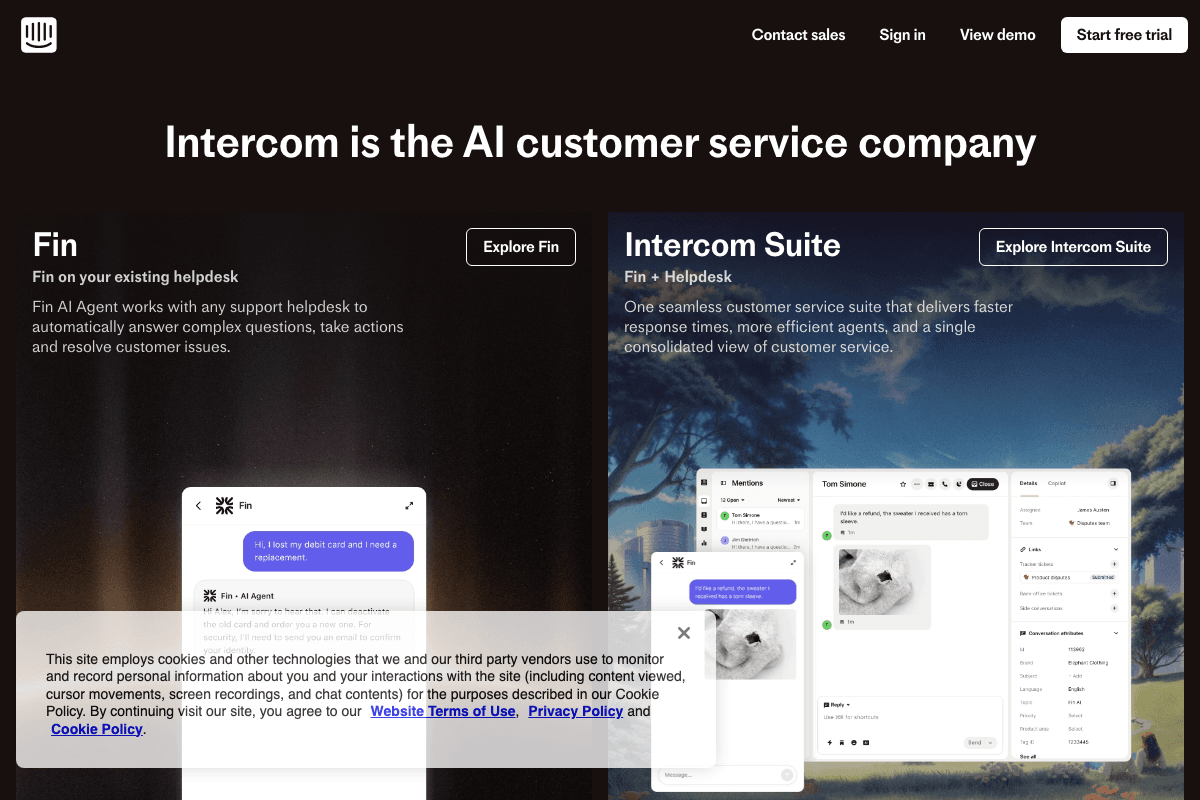 Intercom homepage interface screenshot