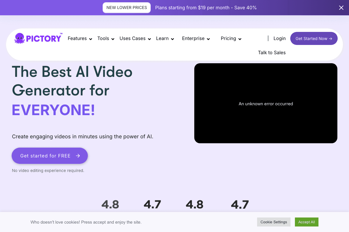 Pictory homepage interface and features - marketing tool review