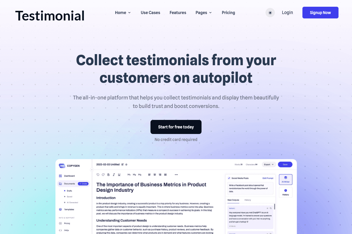 Testimonial To homepage interface and features - marketing tool review