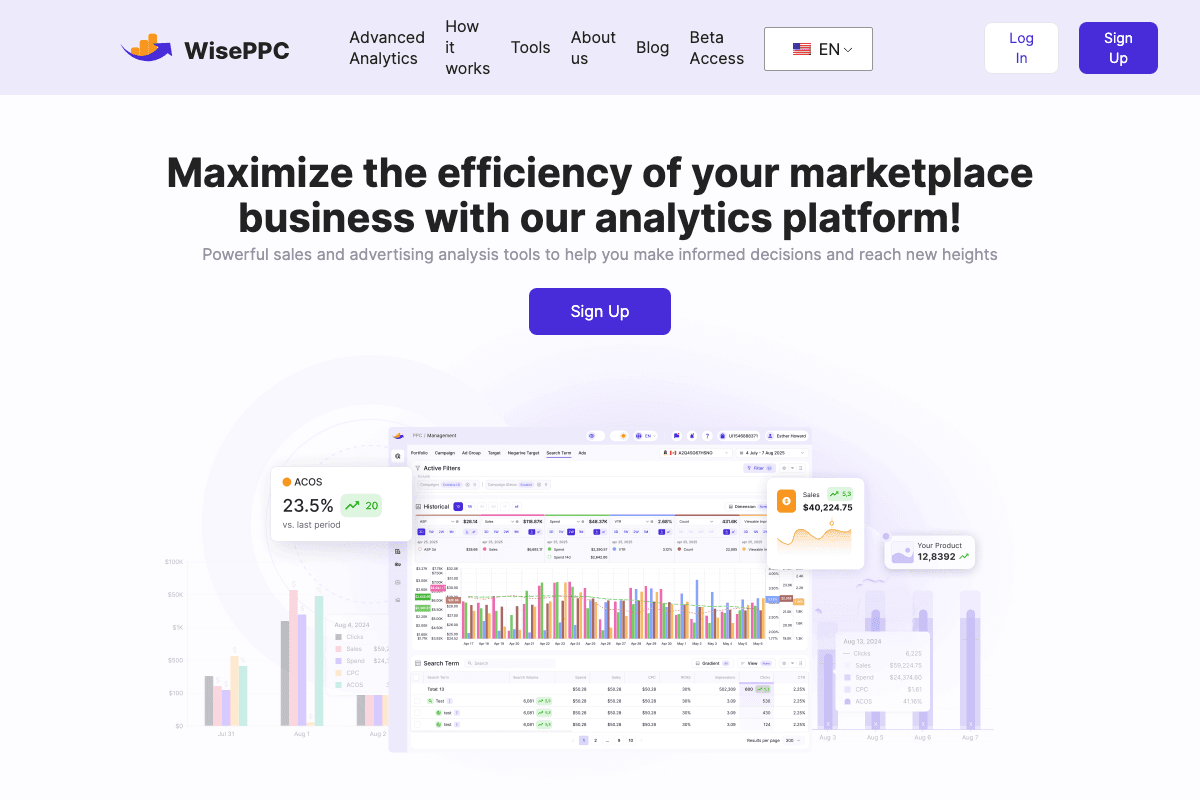 WisePPC homepage interface and features - marketing tool review