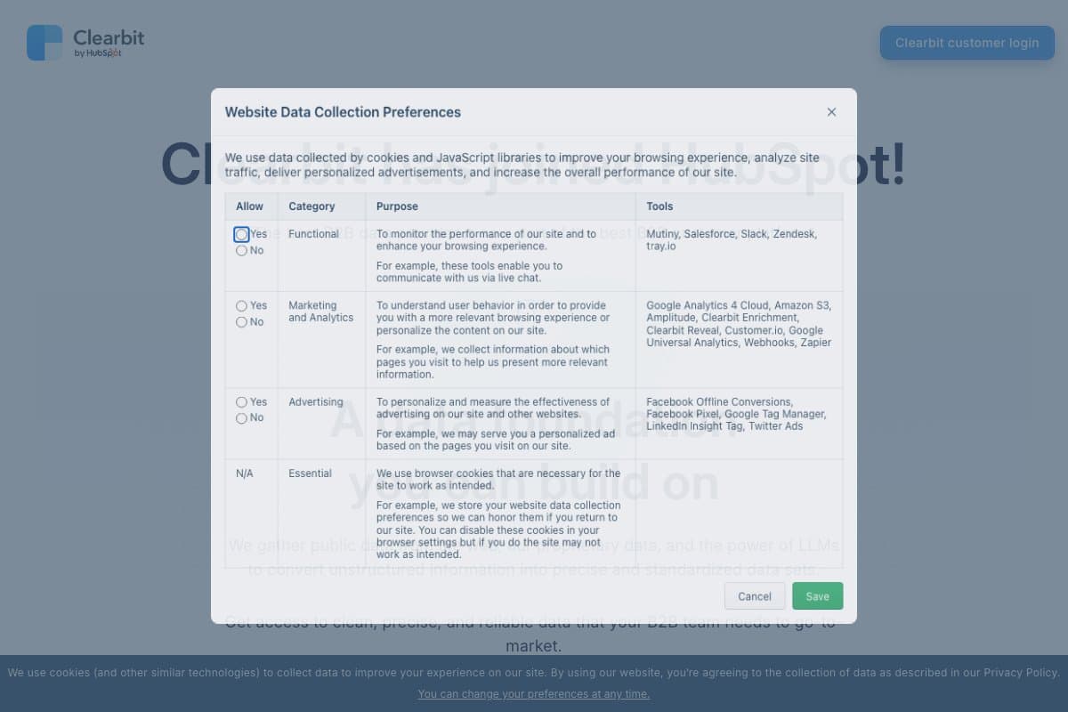 Clearbit homepage interface screenshot