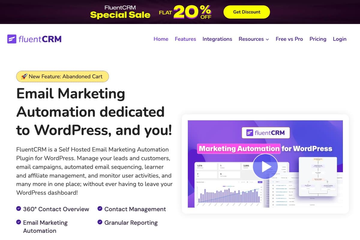 FluentCRM homepage interface screenshot