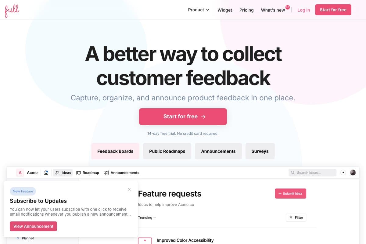 Frill homepage interface screenshot