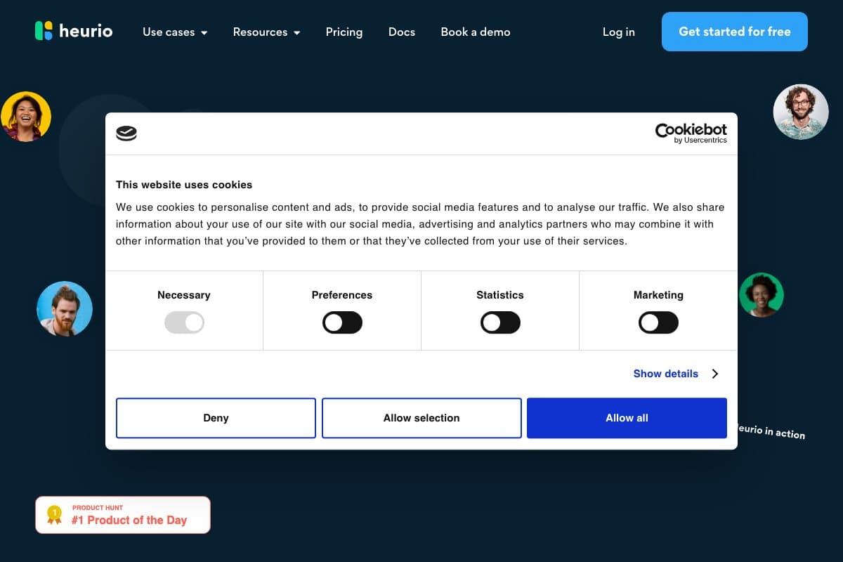 Heurio homepage interface screenshot