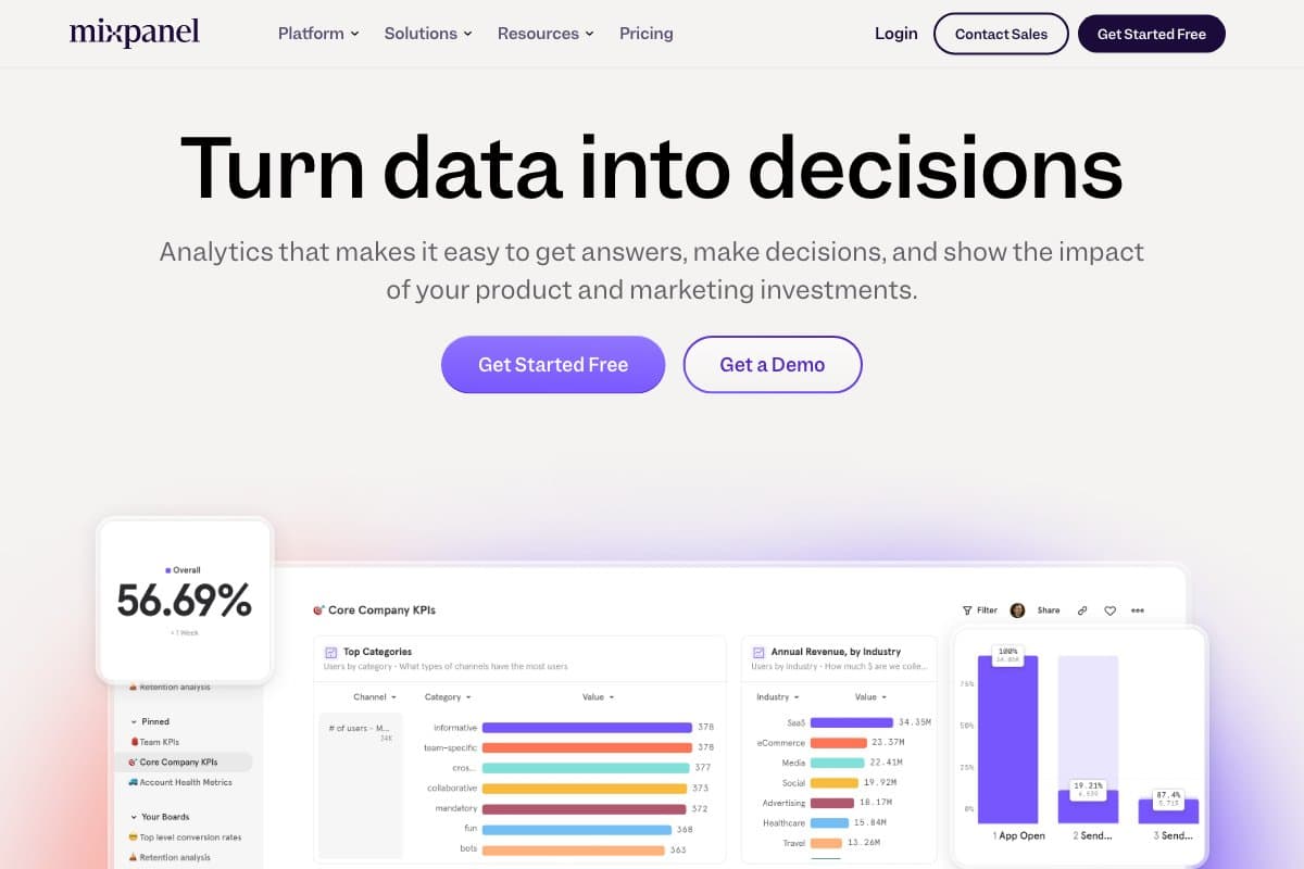 Mixpanel homepage interface screenshot