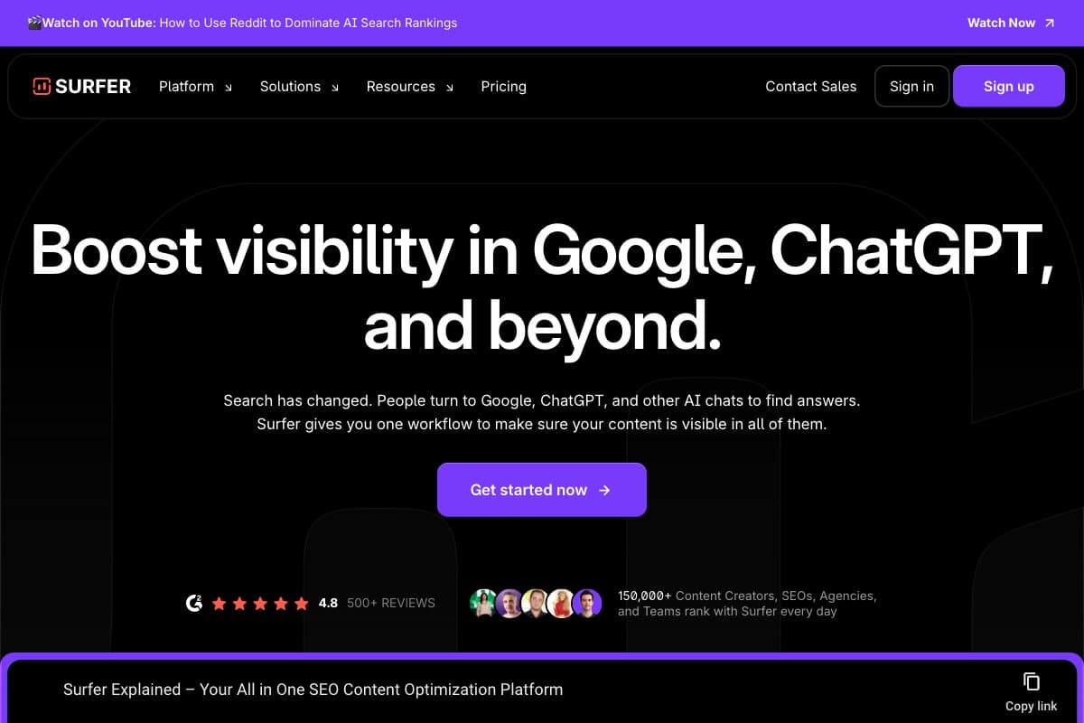 Surfer homepage interface screenshot