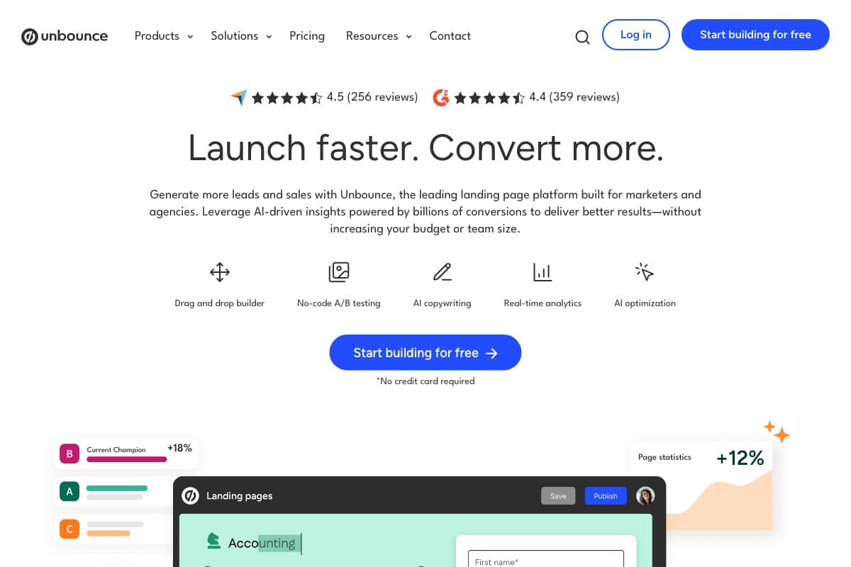 Unbounce homepage interface screenshot