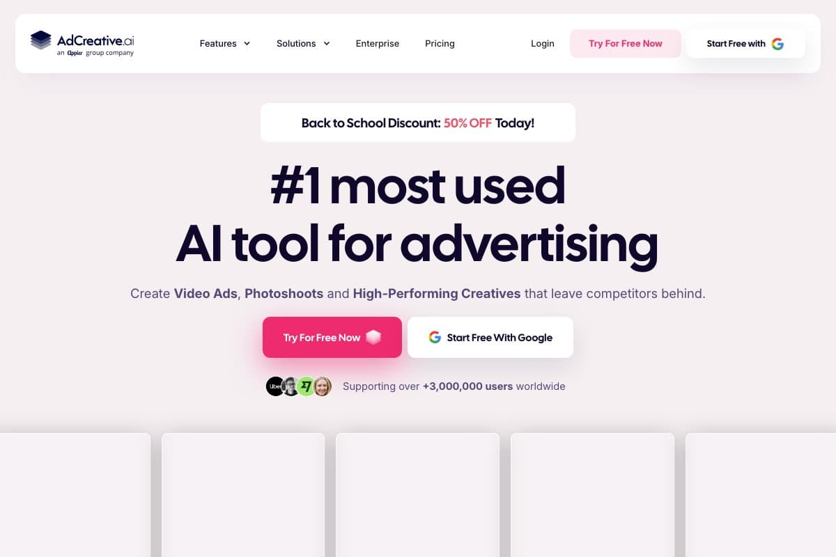 Adcreative AI homepage interface and features - marketing tool review