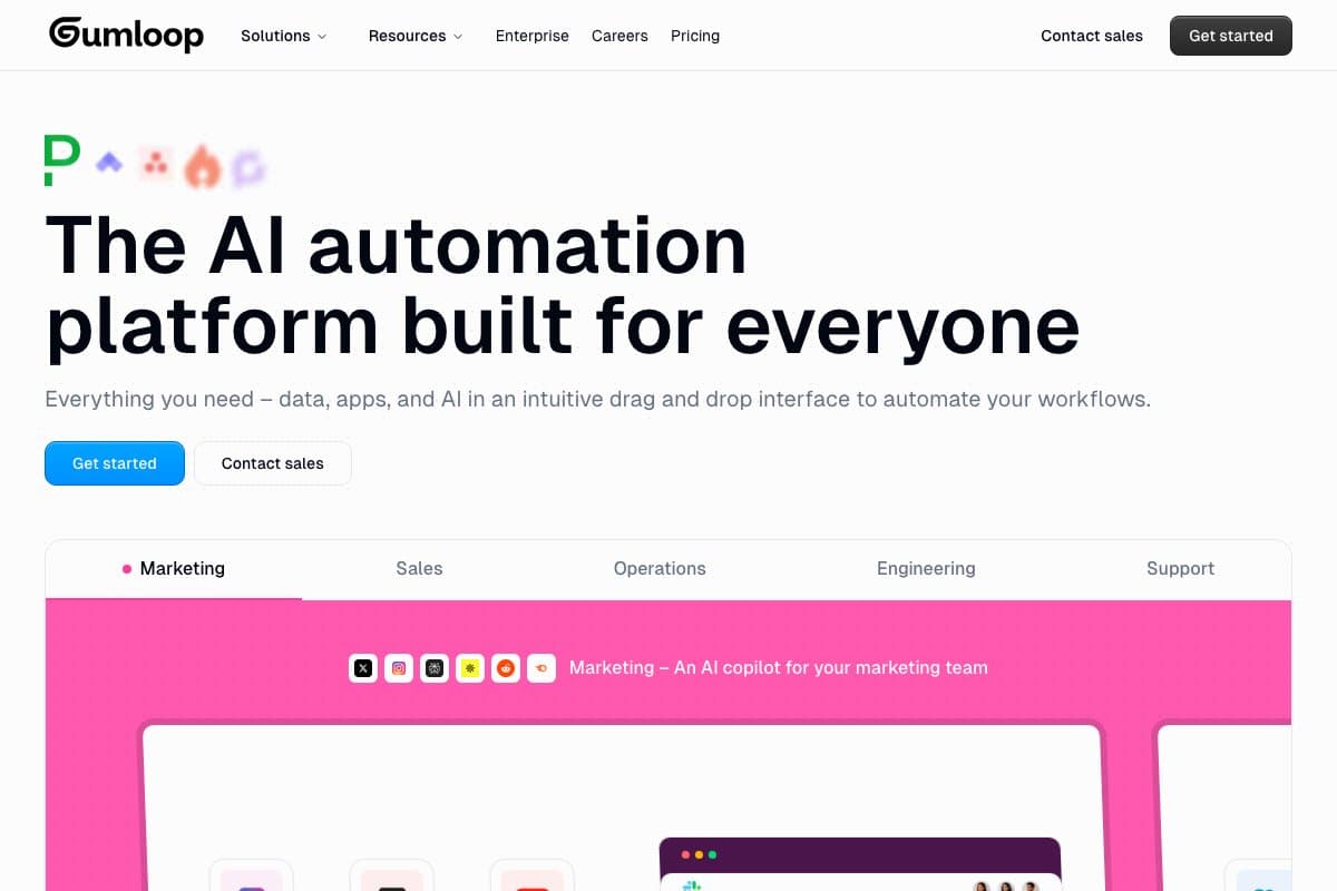 Gumloop homepage interface and features - marketing tool review