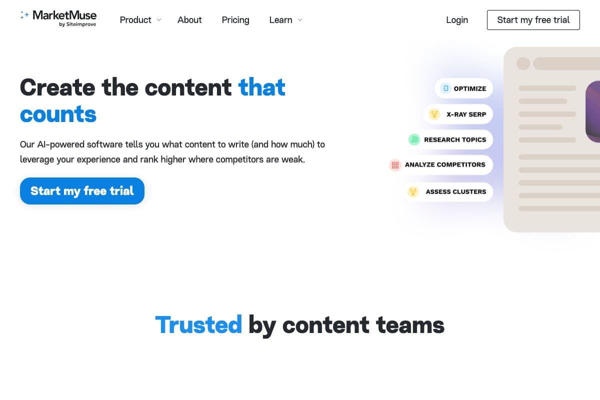 MarketMuse homepage interface and features - marketing tool review