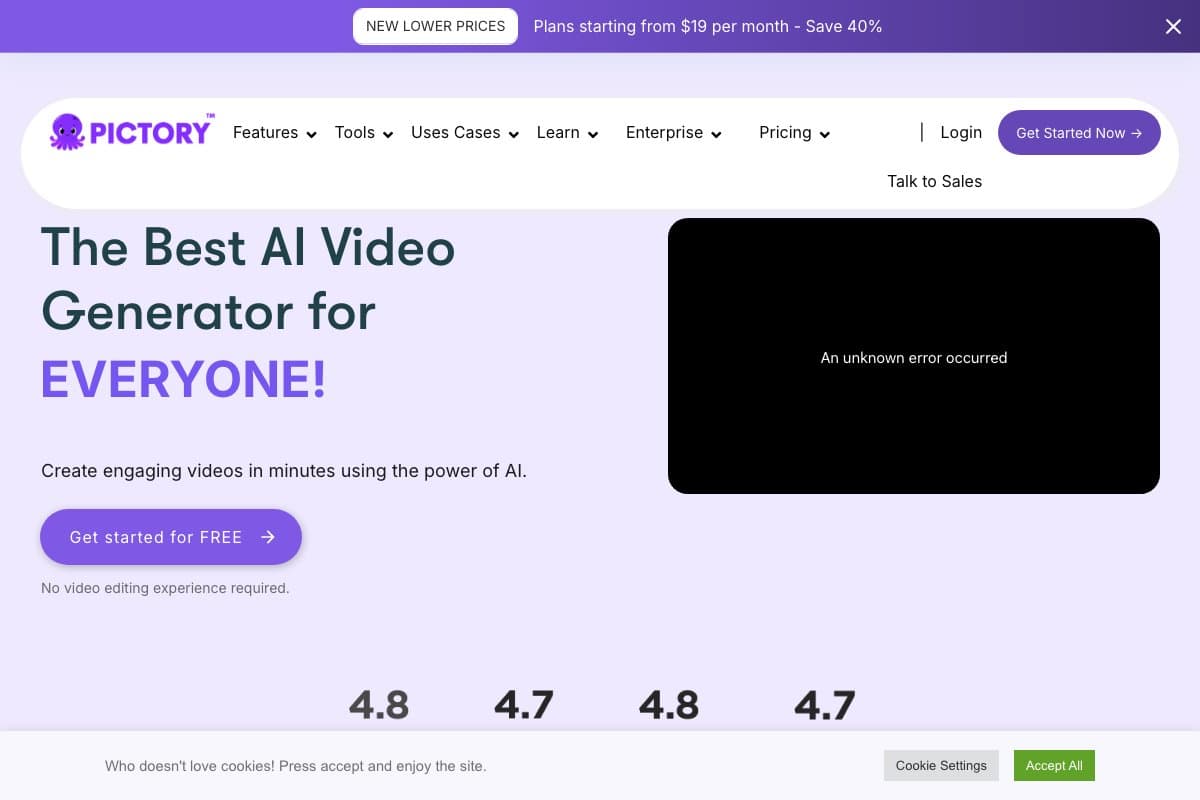 Pictory homepage interface and features - marketing tool review
