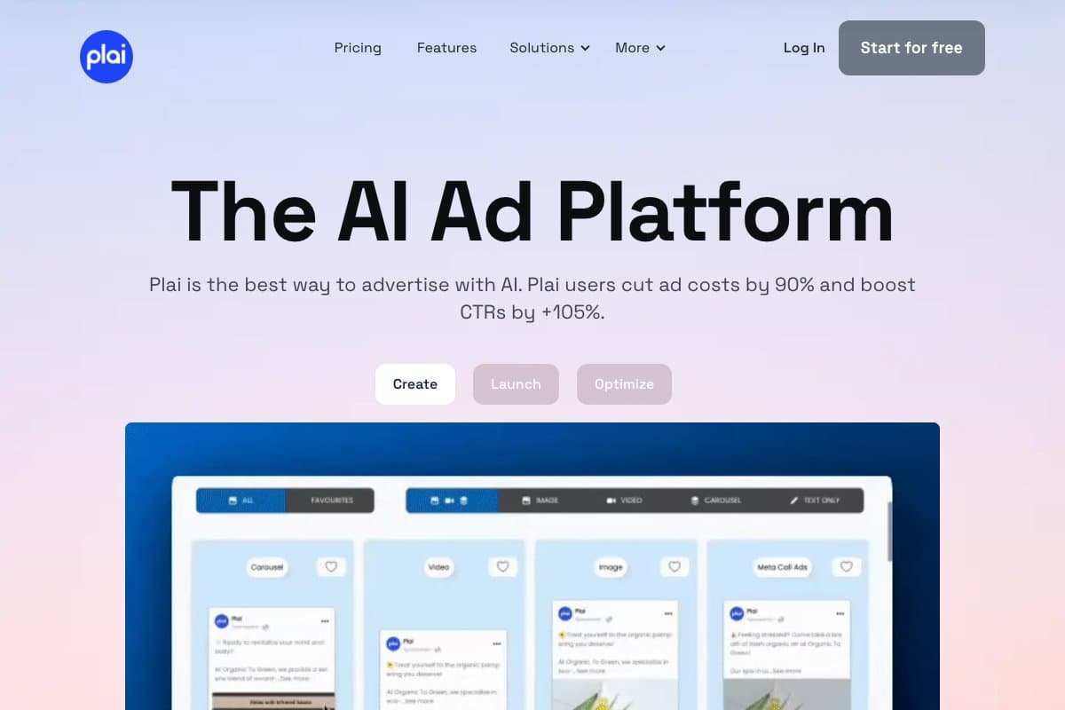 Plai AI homepage interface and features - marketing tool review