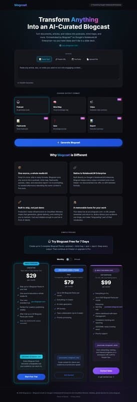 Blogcast™ homepage interface - marketing tool review