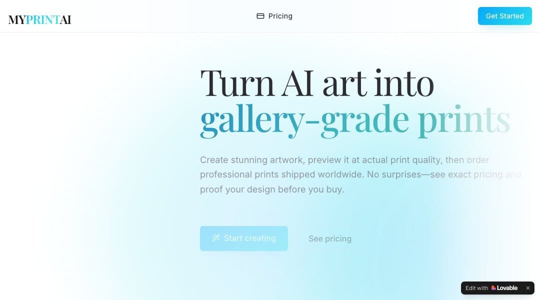 MyPrint AI homepage interface - marketing tool review