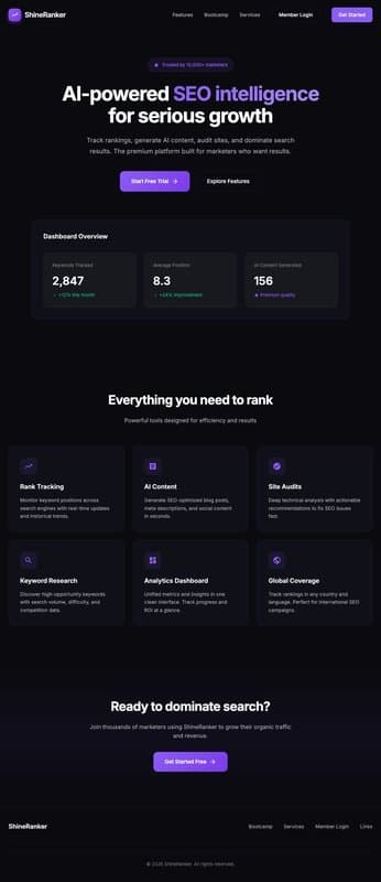 Shineranker homepage interface - marketing tool review