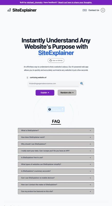 SiteExplainer homepage interface - marketing tool review