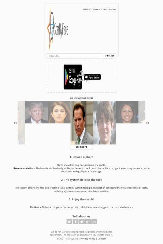 StarByFace homepage interface - marketing tool review