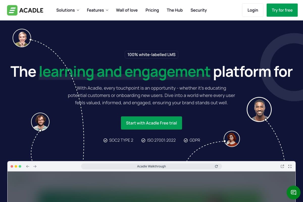 Acadle homepage interface and features - marketing tool review