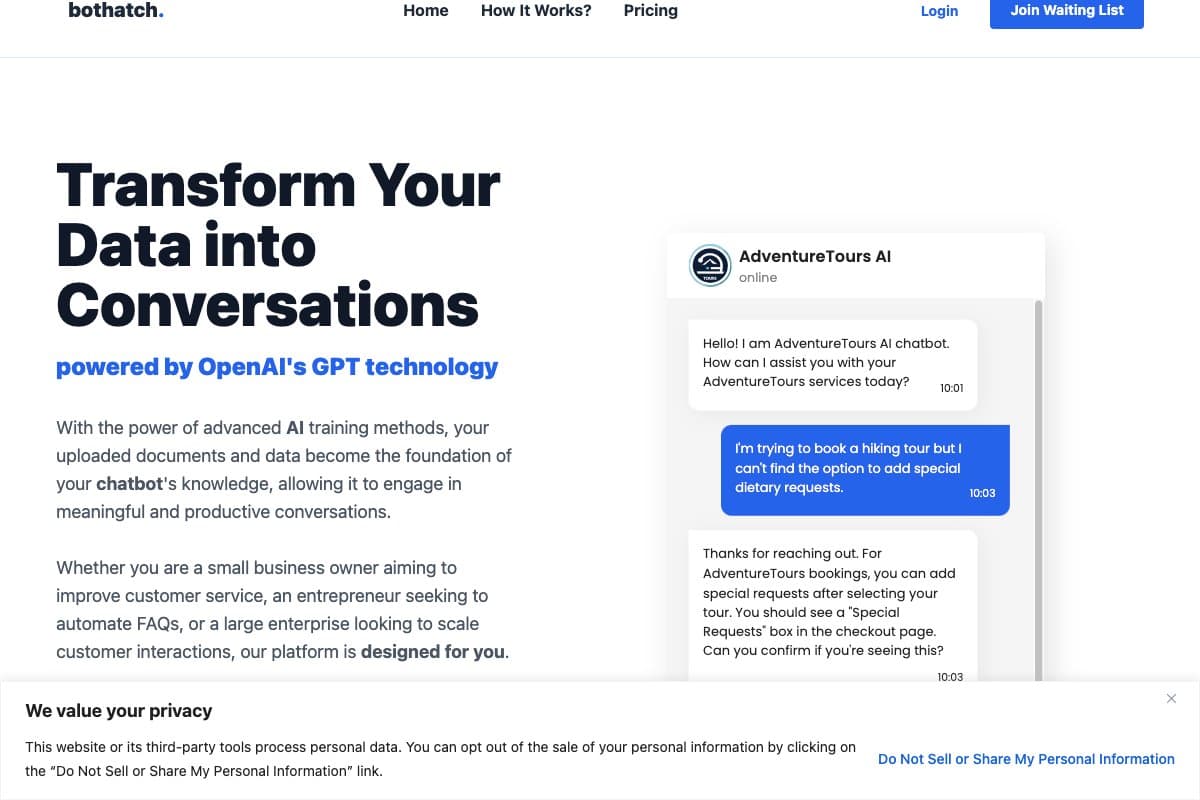 Bothatch homepage interface and features - marketing tool review