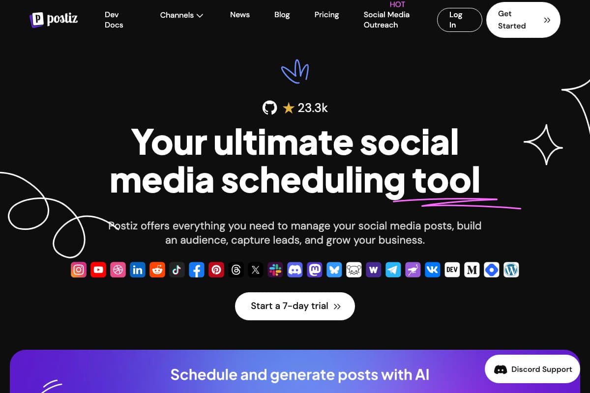 Postiz homepage interface and features - marketing tool review