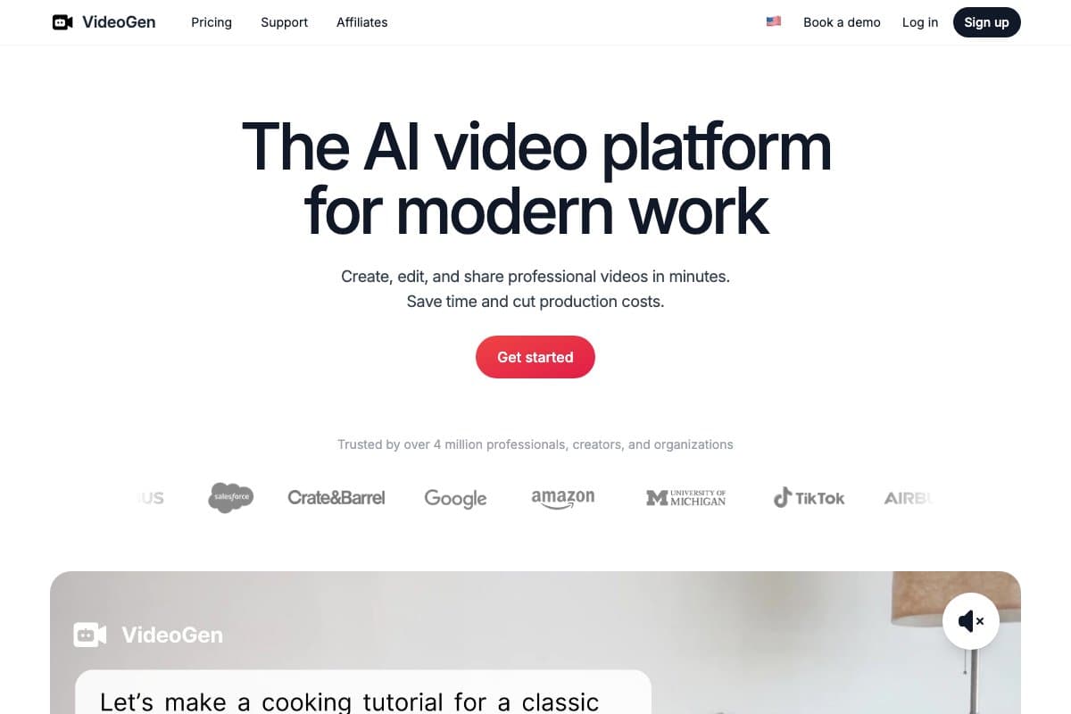 VideoGen homepage interface and features - marketing tool review