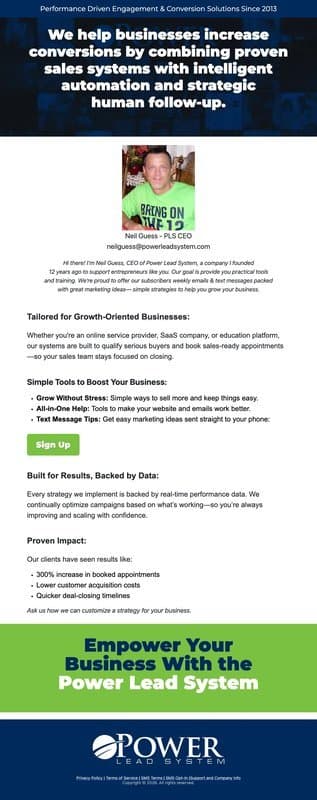 Power Lead System homepage interface - marketing tool review