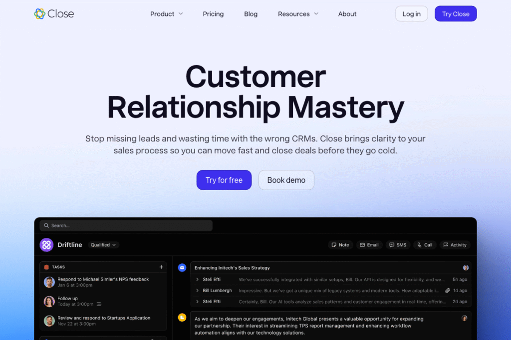Close Review: Complete Guide for 2025 – Features, Pricing & Alternatives homepage interface