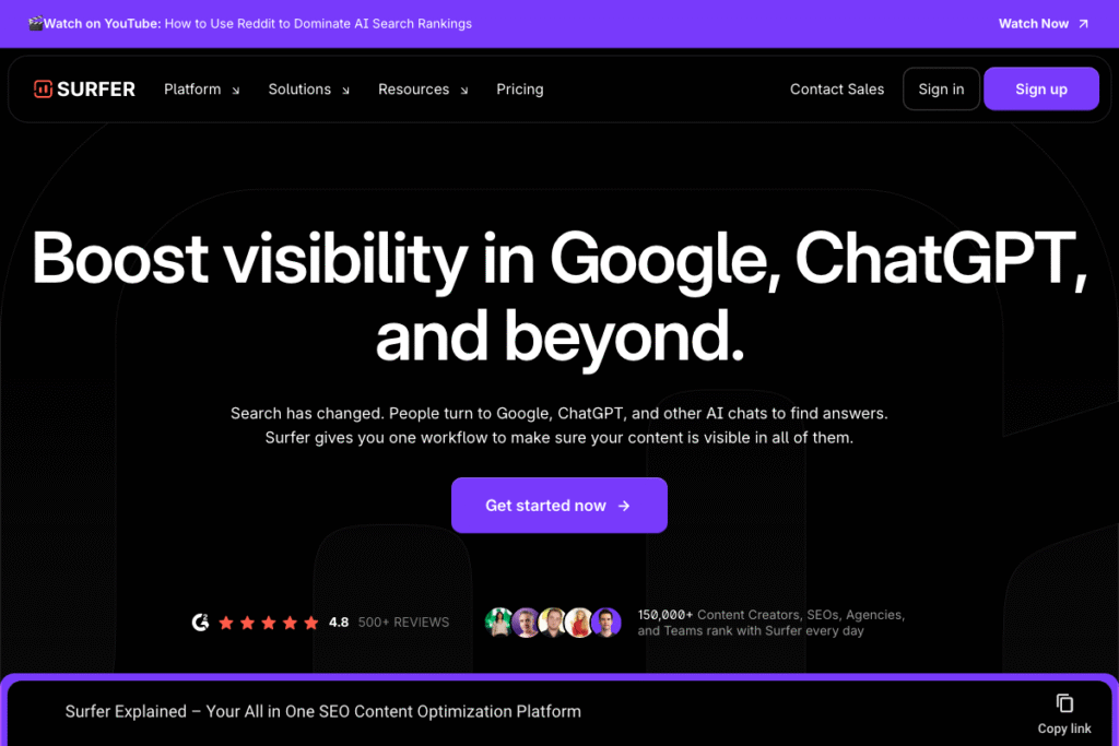 Surfer Review: Complete Guide for 2025 – Features, Pricing & Alternatives homepage interface