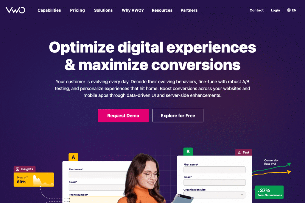 VWO Review: Complete Guide for 2025 – Features, Pricing & Alternatives homepage interface